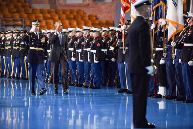 Departing commander in chief, President Barack Obama, salutes the troops during an armed forces full honor farewell ceremony at Joint Base Myer-Henderson Hall, Va., Jan. 4, 2017. (Army photo by Pvt. Gabriel A. Silva)