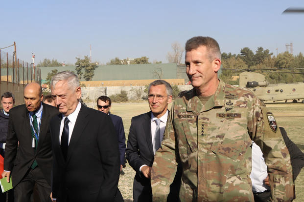 U.S. Secretary of Defense, James Mattis, NATO Secretary-General Jens Stoltenberg and Gen. John W. Nicholson, commander of the Resolute Support mission, visit the mission headquarters in Kabul, Afghanistan, Sept. 27, 2017. (U.S. Navy/Lt.Cmdr. Kathryn Gray)
