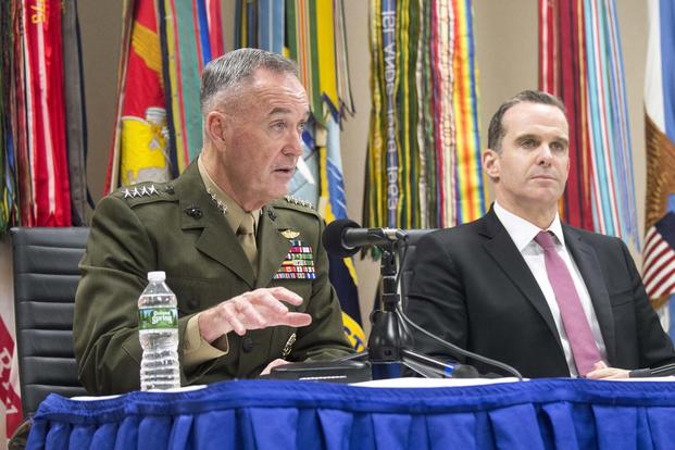 Marine Corps Gen. Joe Dunford delivers remarks alongside special envoy Brett H. McGurk, during a press conference following the 2017 Chiefs of Defense Conference at Fort Belvoir, Va., Oct. 24, 2017. (DoD/Petty Officer 1st Class Dominique Pineiro)