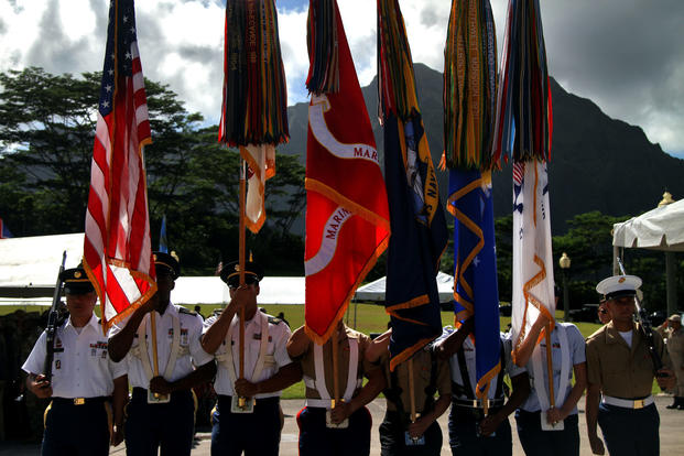 The U.S. Pacific Command joint service color guard participates in the 2016 Governor’s Veterans Day Ceremony at the Hawaii State Veterans Cemetery in Kaneohe, Hawaii, Nov. 11, 2016. (U.S. Marine Corps photo/Staff Sgt. Jason W. Fudge)