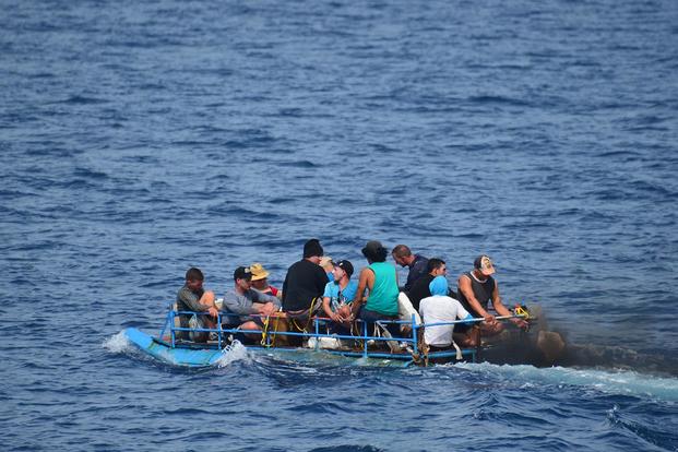 A group of Cuban migrants are discovered south of Key West, Florida, Sep. 13, 2015. The crew of the Coast Guard Cutter Mohawk interdicted the group of migrants who were later repatriated back to Cuba. U.S. Coast Guard photo.