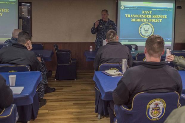 Capt. Jeffrey Ward, commanding officer of the USS Bonhomme Richard, facilitates transgender training with chiefs and officers in the ship's wardroom. (U.S. Navy Photo/ Mass Communication Specialist 2nd Class Kyle Carlstrom)