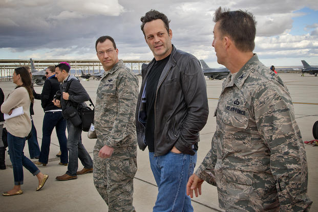 Vince Vaughn visited Edwards Air Force Base to show his new movie "Unfinished Business."