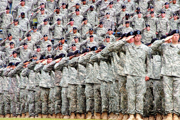 A sea of U.S. Army soldiers salute during the 1st Armored Division's 2nd Brigade uncasing ceremony held on Baumholder's Minick Field, Germany, June 5, 2009. Sgt. Brandon Moreno/Army photo