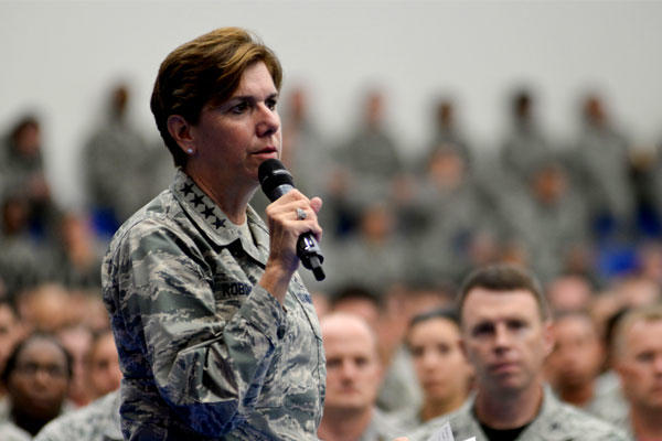 US Air Force Gen. Lori Robinson addresses airmen during an all-call on July 10, 2015, at Andersen Air Force Base in Guam. She has been listed by Time magazine as one of the 100 most influential people worldwide. (US Air Force/Katrina Brisbin)