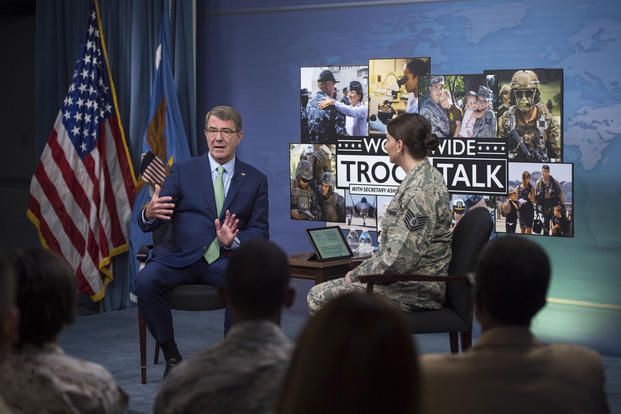 Defense Secretary Ash Carter answers questions during a Worldwide Troop Talk at the Pentagon on Sept. 21, 2016. Air Force Tech. Sgt. Brigitte N. Brantley/DoD