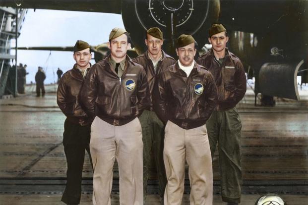 Crew No. 10: Lt. Richard O. Joyce, pilot; Lt. J. Royden Stork, copilot; Lt. Horace E. Crouch, navigator/bombardier; Sgt. George E. Larkin Jr., flight engineer; SSgt. Edwin W. Horton Jr., gunner. (U.S. Air Force photo colorized by Lori Lang)