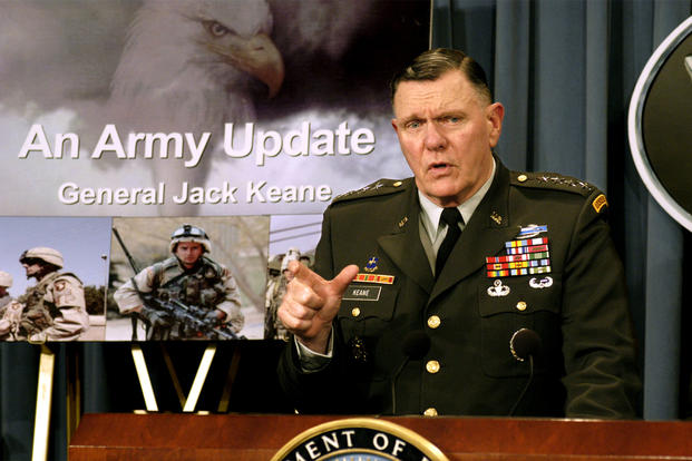 Gen. John M. "Jack" Keane, acting Army chief of staff at the time, briefs reporters at the Pentagon on July 23, 2003. (DoD photo/R.D. Ward)