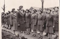 members of the 6888th battalion stand in formation in Birmingham, England, in 1945