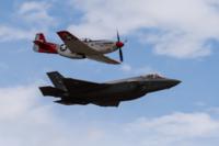 A P-51 Mustang flies in formation with U.S. Air Force Capt. Kristin &quot;BEO&quot; Wolfe, the F-35A Demonstration Team pilot, during a heritage flight practice June 16, 2020, Hill Air Force Base, Utah.