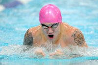 Kyle Reid, then a corporal in the Marine Corps, swims to gold in the 50-meter breaststroke finals during the 2014 Warrior Games in Colorado Springs, Colo., Sept. 30, 2014. (DoD News photo by EJ Hersom)