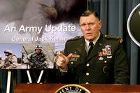 Gen. John M. &quot;Jack&quot; Keane, acting Army chief of staff at the time, briefs reporters at the Pentagon on July 23, 2003. (DoD photo/R.D. Ward)