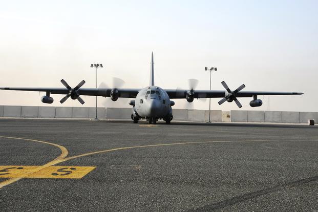 An EC-130H Compass Call taxis Dec. 5, 2016 at an undisclosed location in Southwest Asia. The Compass Call employs a crew of roughly a dozen Airmen working together to jam Da’esh communications. (U.S. Air Force photo/Senior Airman Andrew Park)