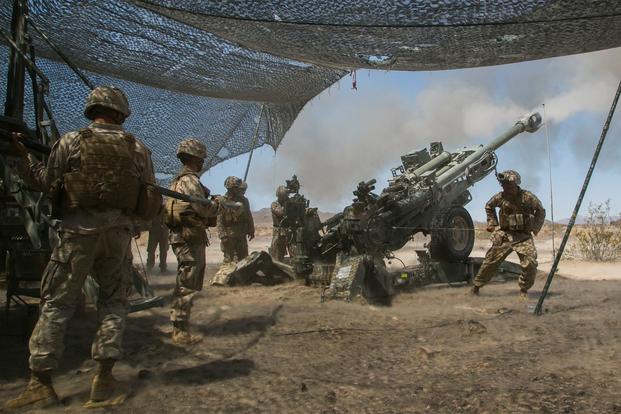 Marines with Battery C, 1st Battalion, 10th Marine Regiment, provide indirect fire with a M777 Howitzer aboard Marine Corps Air Ground Combat Center, Twentynine Palms, California, June 1, 2016. (U.S. Marine Corps/ Lance Cpl. Dave Flores)