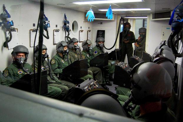 Students in a Specialized Undergraduate Pilot Training class learn what it’s like to breath oxygen for an extended period of time in an altitude chamber. (U.S. Air Force/ Staff Sgt. Austin M. May)
