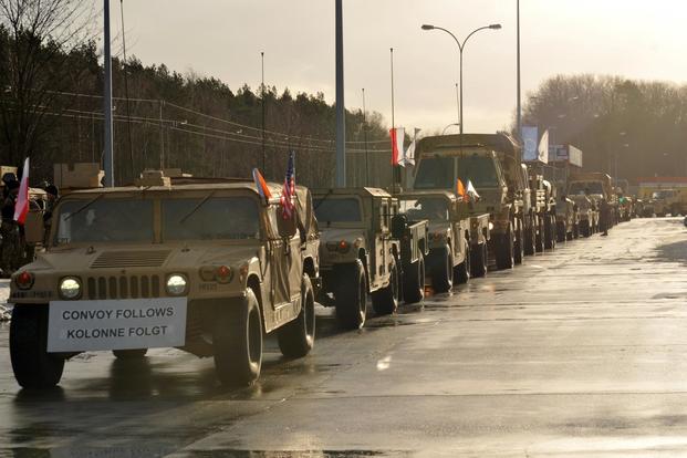 3rd Armored Brigade Combat Team, 4th Infantry Division stages their vehicles after crossing into Poland from Germany after conducting a three-day convoy, Jan. 12, 2017. (U.S. Army/Staff Sgt. Elizabeth Tarr)