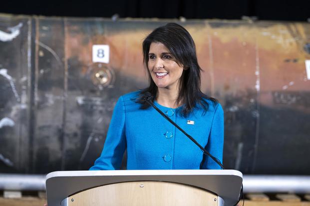 U.S. Ambassador to the United Nations Nikki Haley speaks about evidence of Iran’s destabilizing activities in the Middle East at Joint Base Anacostia-Boling Dec. 14, 2017. (DoD/EJ Hersom)