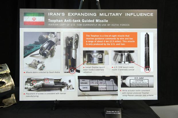 A sign explains the differences between U.S. and Iranian anti-tank missile designs as part of a display at Joint Base Anacostia-Bolling in Washington, D.C., Dec. 12, 2017. (DoD photo)