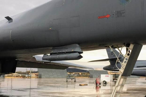 The Sniper Pod sits beneath the cockpit of the B-1B Lancer. (Photo by Oriana Pawlyk/Military.com)