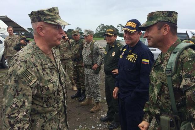 U.S. Navy Adm. Kurt W. Tidd, commander of U.S. Southern Command, talks with members of the Colombian military during a visit to Colombian military unit in Tumaco. (Helena Escorcia/U.S. Embassy Colombia)