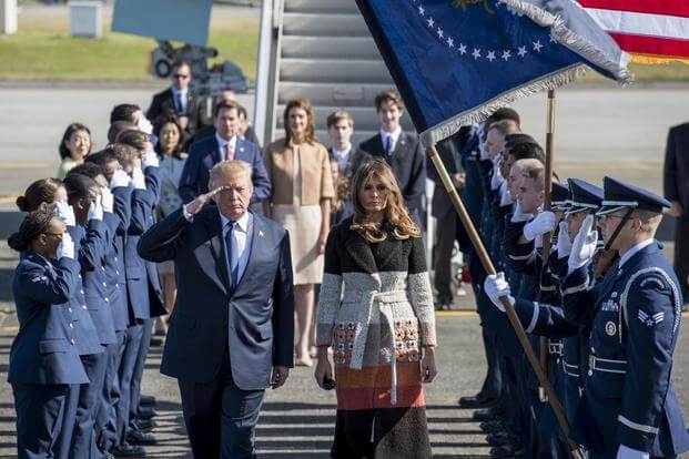 FILE PHOTO -- President Donald J. Trump and First Lady Melania Trump are greeted to Japan by the Yokota Air Base Honor Guard, Nov. 5, 2017, at Yokota Air Base, Japan. (U.S. Air Force photo by Senior Airman Donald Hudson)