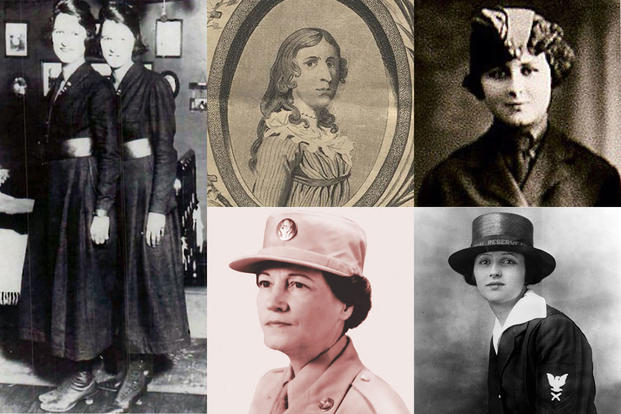 These are the first women of each military service: twin sisters Genevieve and Lucille Baker, and Myrtle Hazard, U.S. Coast Guard; Deborah Sampson, U.S. Army; Opha May Johnson, Marine Corps; Esther McGowin Blake, U.S. Air Force; Loretta Walsh, U.S. Navy (Defense Department)