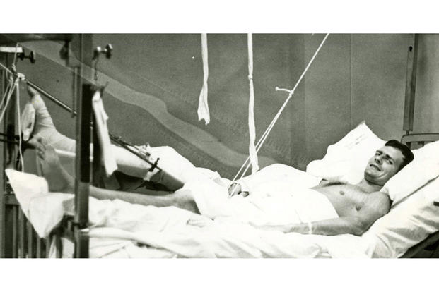 John Fogle was shot three times in Vietnam. Here, he recovers at the 249th General Hospital at Camp Drake, in Japan, where he underwent repairs to his severed femoral artery. (Image courtesy of John Fogle)