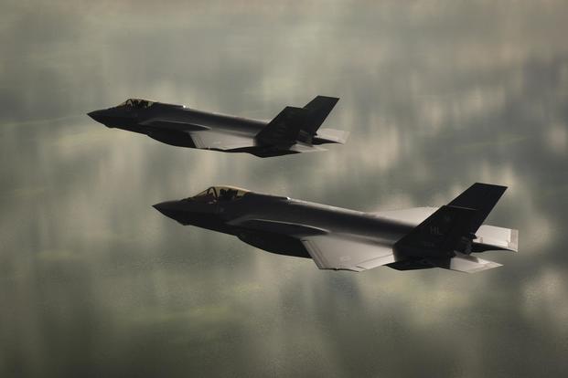 Two U.S. Air Force F-35A Lightning IIs, assigned to the 4th Fighter Squadron from Hill Air Force Base, Utah, conduct flight training operations over the Utah Test and Training Range on Feb 14, 2018. (U.S. Air Force photo by Staff Sgt. Andrew Lee)