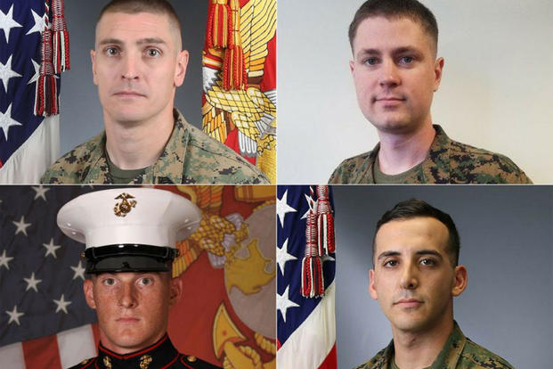The Marines killed in a CH-53E Super Stallion crash in Southern California include, clockwise from top left, Gunnery Sgt. Derik R. Holley, First Lt. Samuel D. Phillips, Capt. Samuel A. Schultz, and Lance Cpl. Taylor J. Conrad. (U.S. Marine Corps photos)