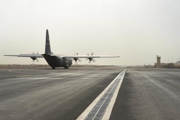 A U.S Air Force C-130J Super Hercules from the 75th Expeditionary Airlift Squadron takes off from Camp Lemonnier, Djibouti in support of Combined Joint Task Force Horn of Africa, August 21, 2017. (U.S. Air Force/Staff Sgt. Nicholas Byers)
