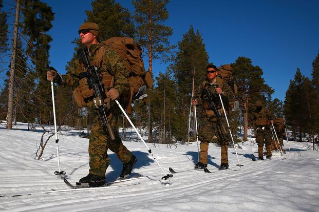 Marines and sailors with Marine Rotational Force-Europe 18.1 ski toward their next objective during a winter warfare training exercise at Haltdalen Training Center, Norway, on April 12, 2018. The Marine Corps is searching for a new ski system with universal bindings. Gunnery Sgt. Clinton Firstbrook/Marine Corps
