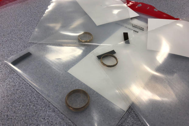 Three wedding rings were recovered during the 2018 Colony glacier recovery mission. The mission recovers both human remains and personal items from a 1952 Air Force crash in which 52 U.S. troops perished. (Military.com/Amy Bushatz)