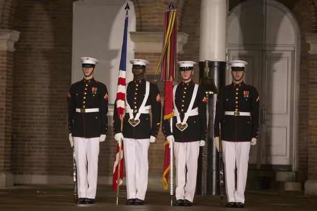 Marine Barracks Washington hosts an evening parade in honor of Vice President of the United States Mike Pence in Washington, D.C., on May 4, 2018. (U.S. Marine Corps photo by Cpl. Daisha R. Sosa) 