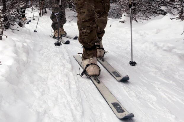 Soldiers wear the Extreme Cold Weather Boot, or ECWB, during cross-country ski training in Alaska. Photo: U.S. Army.