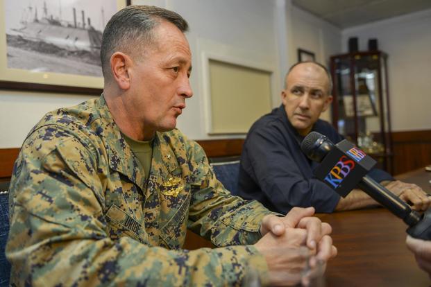 Brig. Gen. Rick Uribe, deputy commanding general, 1st Marine Expeditionary Force, answers questions from a KBPS reporter during a media day for Dawn Blitz 2017 (U.S. Navy/Mass Communication Specialist 2nd Class Donavan K. Patubo)