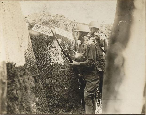 Soldiers make their way through training trenches in Camp Fuston at Fort Riley, Kansas. (Photo: National Archives and Records Administration)