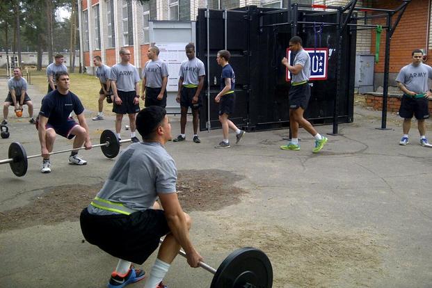 Fitness equipment from the BeaverFit containers shipped by the United Service Organization-Europe is used by soldiers from 2nd Cavalry Regiment, U.S. Army Europe, at the Adazi training area near Riga, Latvia. (Photo: U.S. Army)