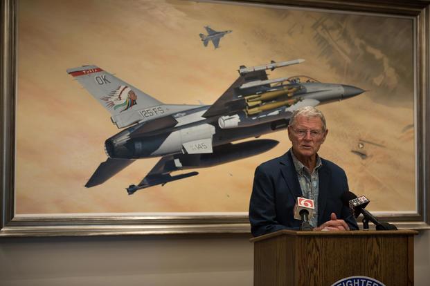 Senator Jim Inhofe speaks with local reporters at a press conference held at the 138th Fighter Wing August 2, 2018 after announcing the passage of the John S. McCain National Defense Authorization Act. (U.S. National Guard/Staff Sgt. Rebecca R. Imwalle)
