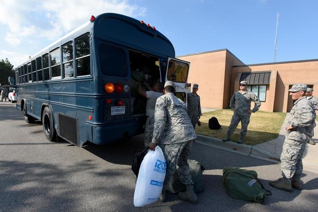 Airmen from the South Carolina Air National Guard and 169th Fighter Wing, prepare to deploy from McEntire Joint National Guard Base to Bluffton, South Carolina, in advance of Hurricane Florence, September 10, 2018. (U.S. Air National Guard/Master Sgt. Caycee Watson)