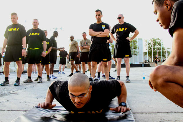 Senior leaders of the 101st Airborne Division (Air Assault) Resolute Support Sustainment Brigade participate in the Army Combat Fitness Test on Aug 14, 2018 at Bagram Airfield, Afghanistan. (US Army photo/Verniccia Ford)