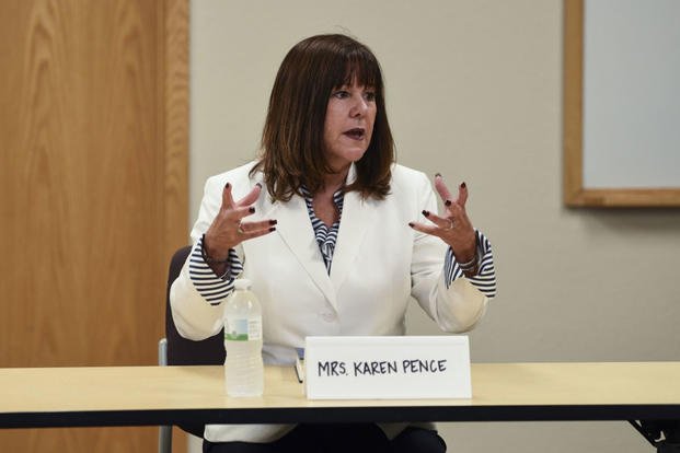 Mrs. Karen Pence, the Second Lady of the United States, speaks to military spouses July 25, 2018, on Grand Forks Air Force Base, North Dakota. (U.S. Air Force photo/Melody Wolff)