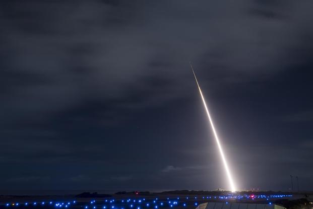 The USS John Finn launches an SM-3 Block IIA guided missile which intercepts a target missile launched from the Pacific Missile Range Facility at Kauai, October 26, 2018. (Mark Wright/ Missile Defense Agency)