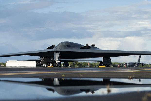 A B-2 Spirit deployed from Whiteman Air Force Base, Mo., to Joint Base Pearl Harbor-Hickam, Hawaii, in support of the U.S. Strategic Command’s Bomber Task Force deployment is parked on the flight line Sept. 26, 2018. (U.S. Air Force photo by Staff Sgt. Danielle Quilla)