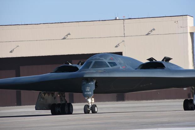 FILE PHOTO -- A B-2 Spirit returns from a recent training mission at Whiteman Air Force Base, Missouri, Feb 25, 2018. (U.S. Air National Guard/Senior Master Sgt. Mary-Dale Amison)