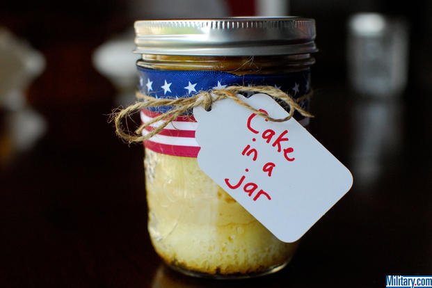 Decorate your cake in a jar with a fun ribbon and label. (Military.com)