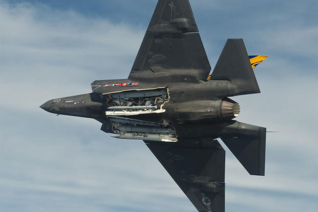 An F-35C Lightning II armed with two internal AGM-154 Joint Stand-Off Weapons (JSOW). (Photo courtesy of Lockheed Martin)