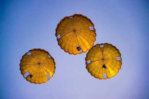 U.S. and French paratroopers conduct an airborne operation together in Djibouti, June 6, 2018. The service members conducted the jump to commemorate the 74th anniversary of D-Day and honor their nations’ friendship and alliance. (Air Force photo by Senior Airman Scott Jackson)