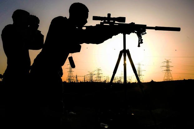 A Marine sights in on a long-range target in Amman, Jordan, April 17, 2018, during Eager Lion, a training engagement conducted by U.S. and Jordanian forces. (U.S. Marine Corps photo by Cpl. Jon Sosner)