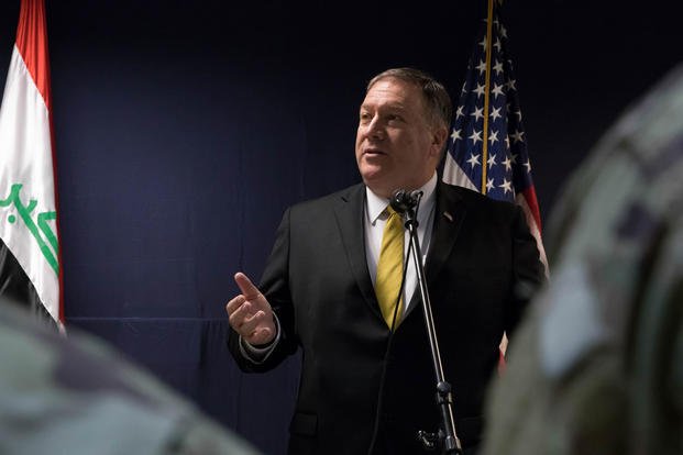 U. S. Secretary of State Mike Pompeo addresses troops deployed in Baghdad, Iraq, Jan. 9, 2019 in support of Operation Inherent Resolve. (U.S. Army photo/Sarah Zaler)