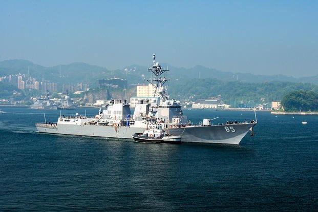 USS McCampbell (DDG 85) departs U.S. Fleet Activities (FLEACT) Yokosuka and transits into Tokyo Bay, May 14, 2018. (U.S. Navy photo/Garrett Zopfi)
